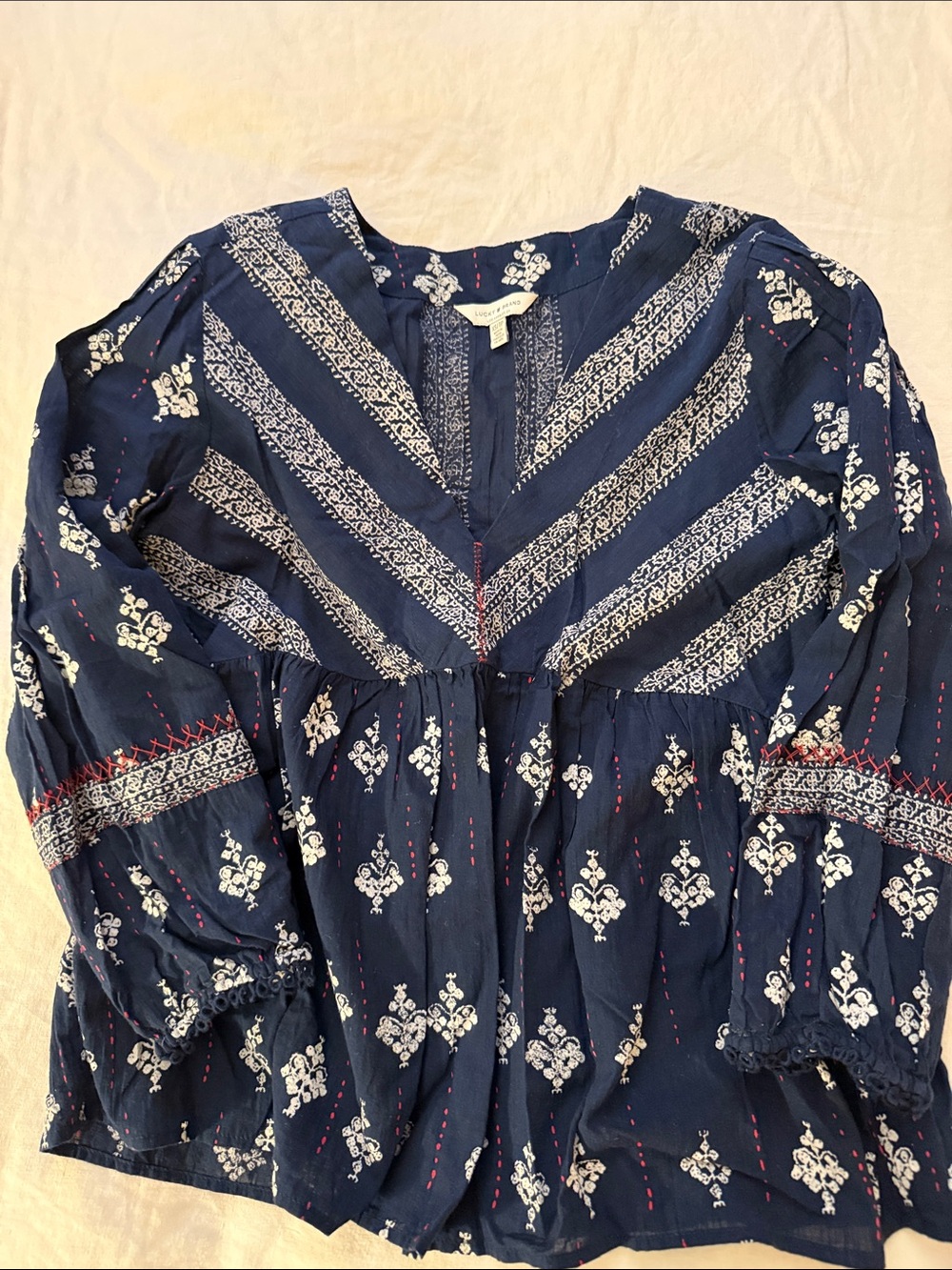 Lucky Brand Navy Blue Floral Print Peasant Blouse
